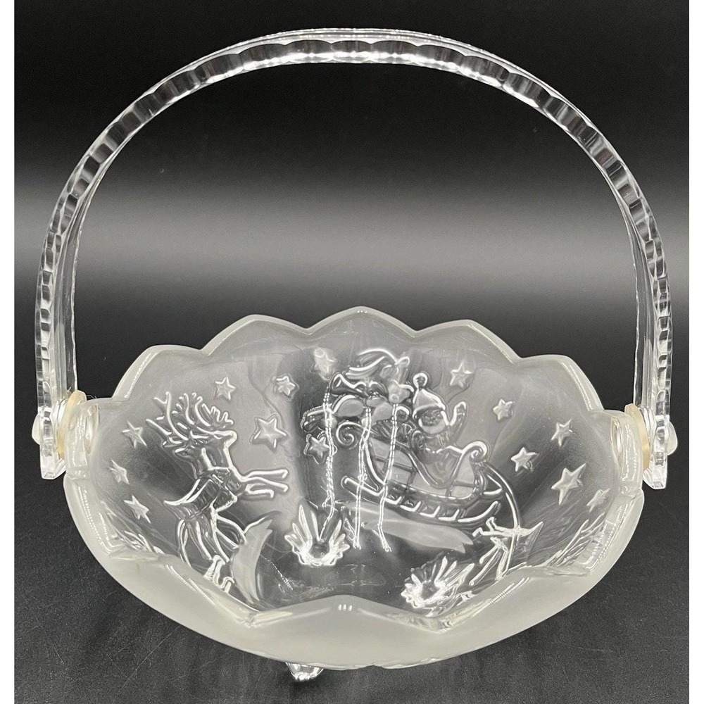 Vtg Mikasa "Silent Night" Glass Basket With Removable Handle Santa Reindeer